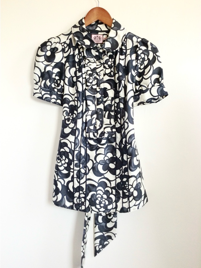 Juicy Couture 100% Silk Abstract Floral Tie-Back Short Puff Sleeves Blouse Sz 2